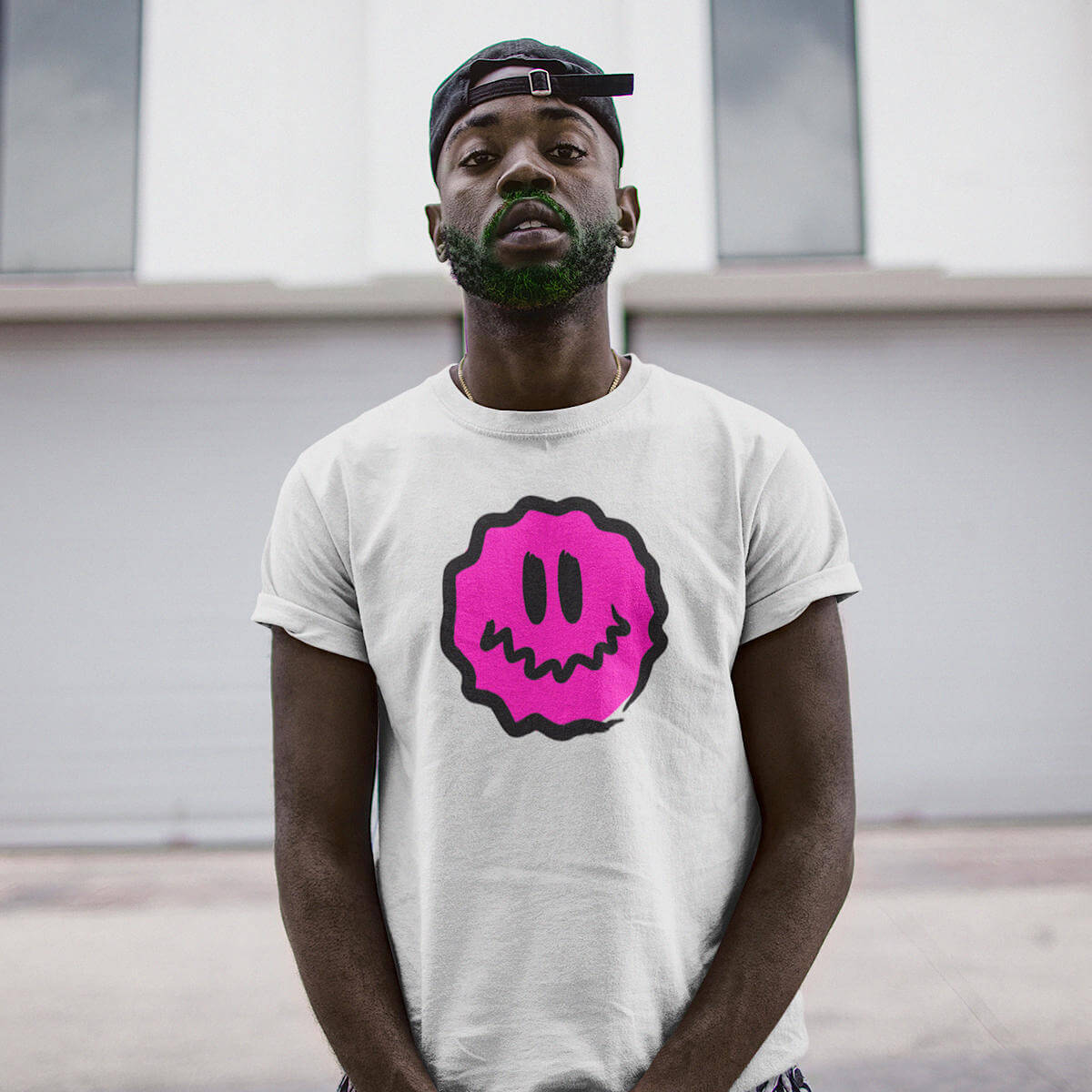 man wearing pink-antsy-face-t-shirt